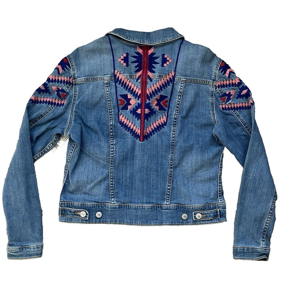 NWT LulaRoe Jaxon Denim Jacket Medium Southwest Aztec Embroidery Design